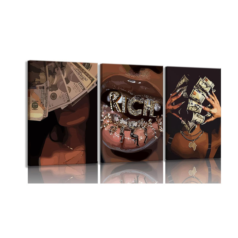 3 Pcs African American Canvas Wall Art, Framed Black Girl Pictures, Urban Hip Hop Baddie Room Decor with Money Theme, Fashion Female Painting Prints for Bedroom (16x24Inch)