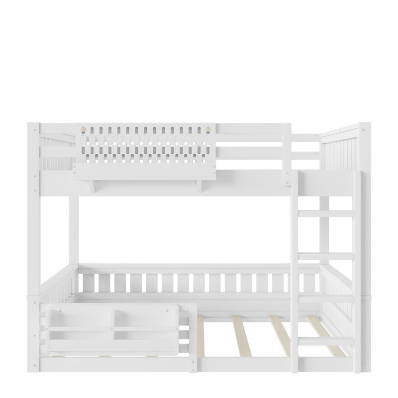 Grand lit superposé en bois massif avec panneau perforé et tablettes, Grand sur grand, Blanc