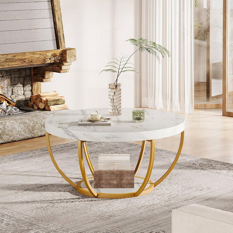 Table basse en bois à 2 niveaux avec tablettes de rangement, White
