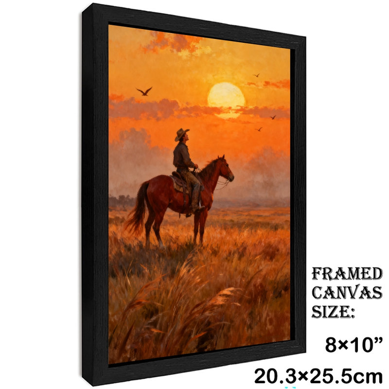 «Black Cowboy Vintage» chevauchant un cheval et appréciant le coucher du soleil, impressions sur toile de style rétro