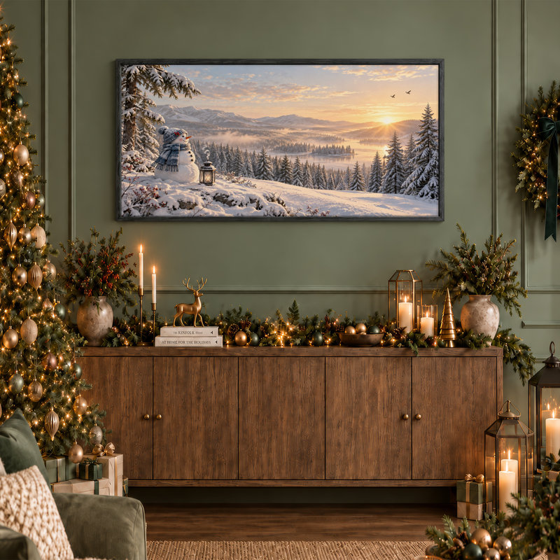 «Snowman and Lantern In Snowy Forest», art mural sur toile, L 58 po x H 28 po