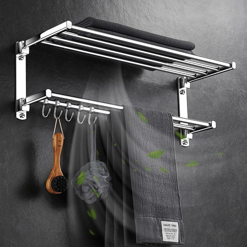 Solid Brass Wall-Mounted Bathroom Towel Rack With Foldable Shelf - Rustproof Space-Saving Organizer For Bath & Shower