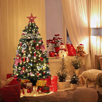 4.5 ft Green Christmas Tree, Pre-Lit Artificial Potted Xmas Tree with 300 Led Lights, 8 Lighting Modes, Black Base Design, Dense Branch Realistic Home