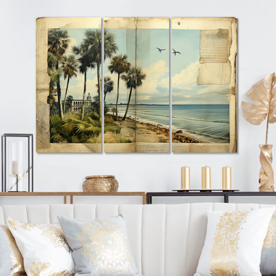 " Vintage Florida Collage Palm Trees and Beach VI " 3 Piece Art Mixed Media Print
