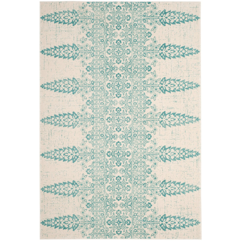 Annette Damask Ivory/Teal Area Rug, Rectangle 5'1" x 7'6"