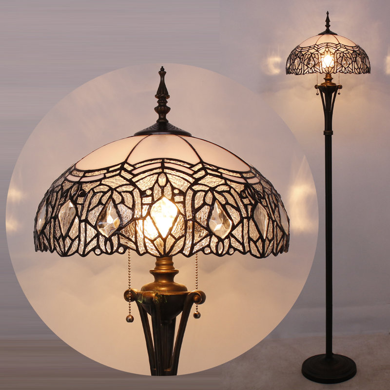 Tiffany Floor Lamp White Stained Glass Crystal Standing Reading Light 16X16X70 Inches Antique Pole Corner Lamp Decor Bedroom Office Living Room