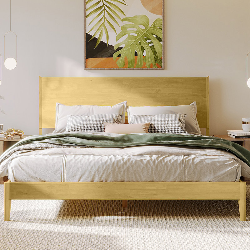 Solid Wood King Bed Frame with Headboard, 800lbs Capacity Scandinavian Platform Bed, Natural Oak Finish, Non-Slip and Noise-Free, No Box Spring Needed
