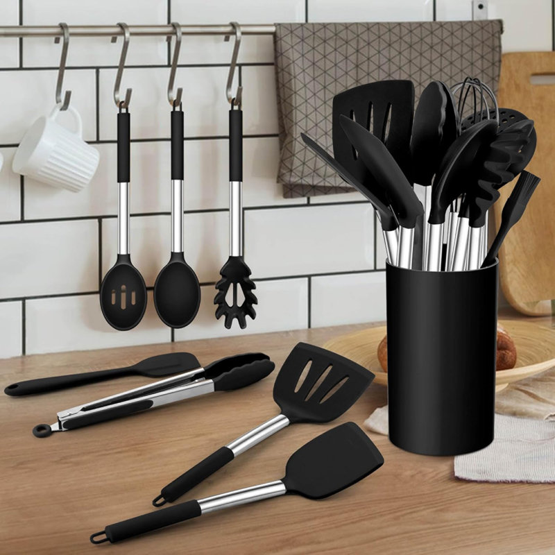 14 Pcs Silicone Cooking Utensil Set,stainless Steel Kitchen Utensils Set,non-stick Heat Resistant,black