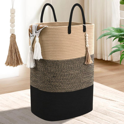 Woven Laundry Basket For Clothes Rectangle Laundry Hampers With Beads Tassel Nursery Storage Basket For Toys Tall Dirty Clothes Hamper For Bedroom Aesthetic Laundry Room Organization