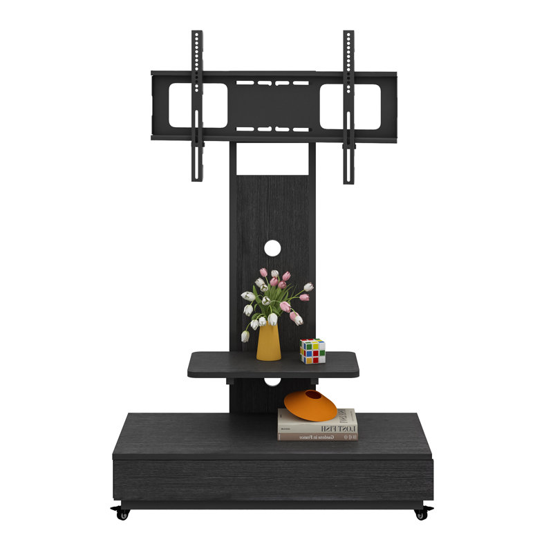 Modern Mobile TV Stand with Storage Drawer & Adjustable Mount, Rolling Media Console for 32-75" TVs, Black Entertainment Center for Living Room & Bedroom