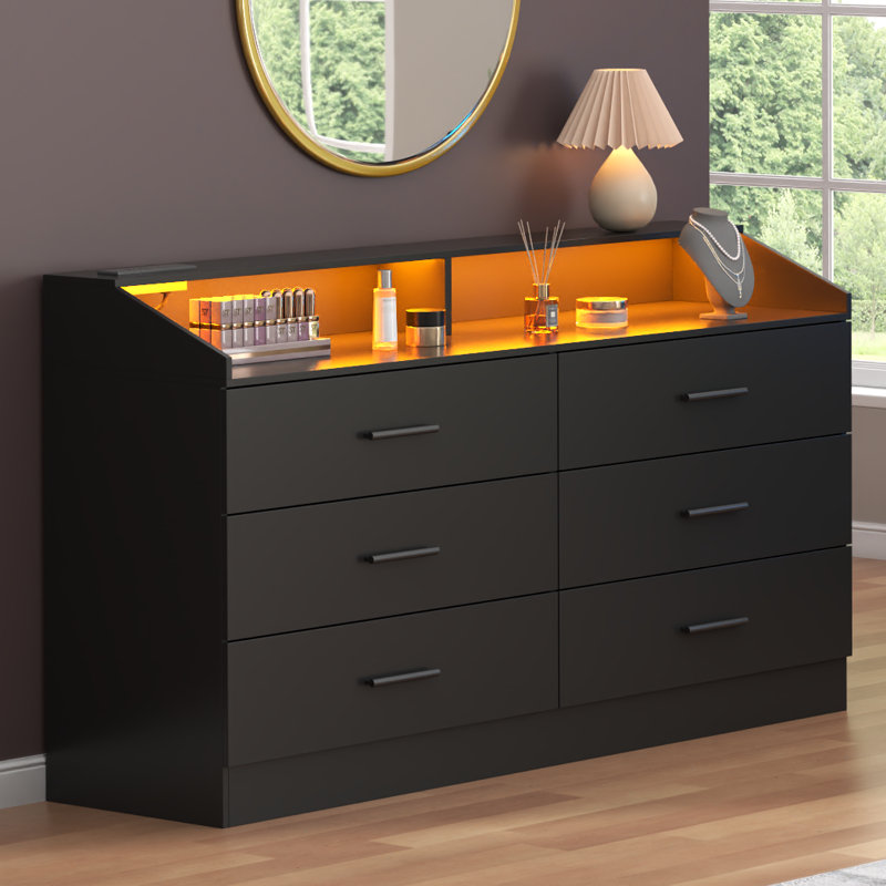 Vikky 6 Drawers Dresser with Power Outlet, Chest of Drawers with LED Light, Modern Dresser Organizer, Black