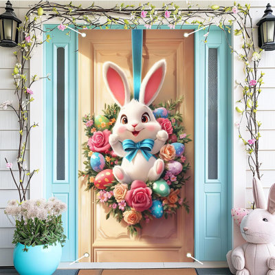 Easter Cover Decoration Easter Eggs Bunny Door Banner 70.8 X 35.4In Polyester Fabric Hanging Banner Backdrop Photography Welcome Spring Home Party Decor, A2