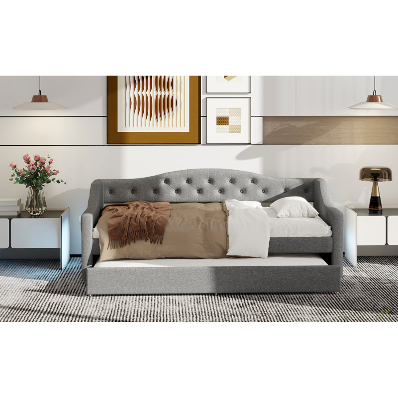 Upholstered Twin XL Size Daybed With LED Belt And Trundle, Gray