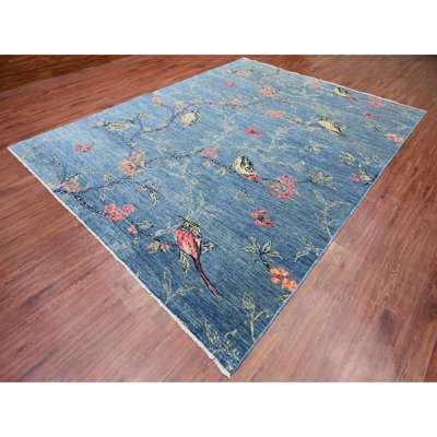 9'2"x11'10" Bayern Blue, Sparrows on the Tree, Peshawar, 100% Wool, Soft Pile, Lush and Plush, Hand Knotted, Oriental Rug