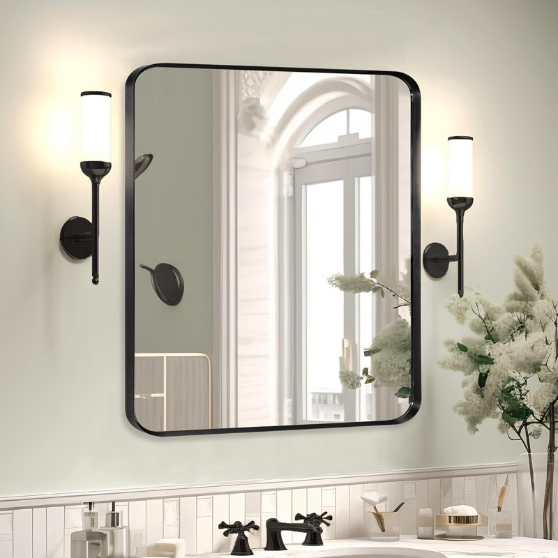 Miroir de salle de bain noir avec cadre en métal noir, miroir de meuble-lavabo de coin rectangulaire rond noir mat brossé, antirouille, verre trempé (30 po x 36 po, noir)