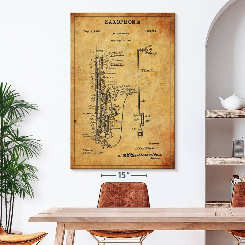 Brevet de saxophone sur toile, H 51 po x l 34 po x P 1,25 po