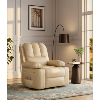 Fauteuil inclinable électrique avec massage et chaleur, fauteuil pivotant à 360 ° en cuir avec ports USB, fauteuil inclinable chauffé surdimensionné avec 5 modes de massage pour le salon, beige
