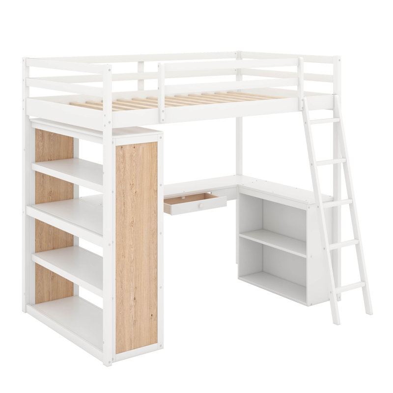 Lit mezzanine simple avec tablettes et bureau, Blanc