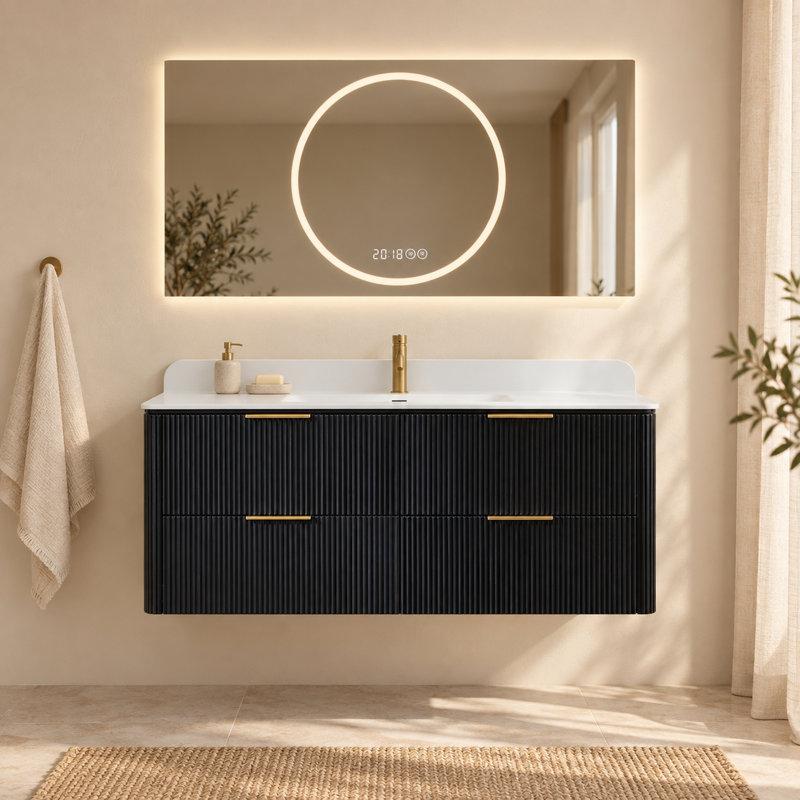 Ensemble meuble-lavabo suspendu noir de 122 cm avec lavabo intégré et miroir de courtoisie à DEL de 122 x 61 cm