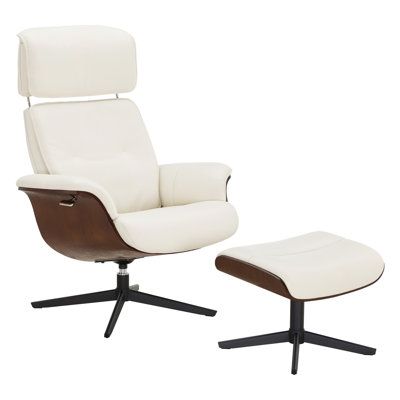 Mid Century Genuine Leather Recliner Lounge Chair With Ottoman