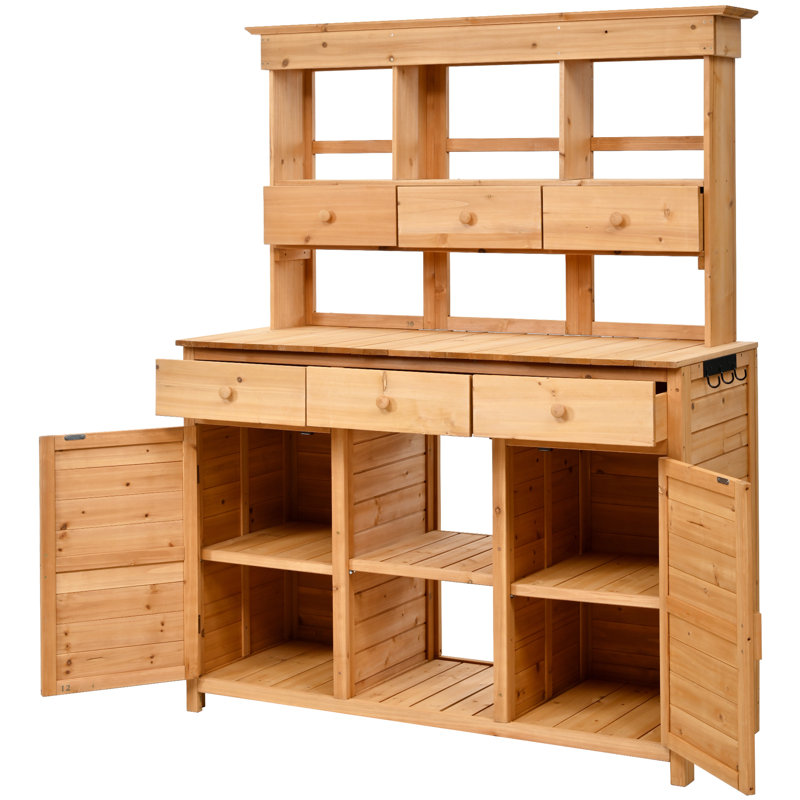 Garden Potting Bench 65.7'' - Fir Wood, 6 Drawers, 2 Cabinets, 3 Adjustable Shelves, , Side Hooks, Ergonomic, Spacious For Patio, , Greenhouse, Kitchen H Supply Use