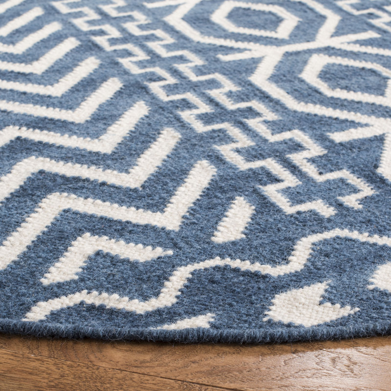 Tapis géométrique tissé à la main en laine / coton Rodgers bleu foncé / ivoire, Rond 6 pi
