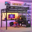 Lit mezzanine avec bureau et station de charge, lit mezzanine en métal avec escalier et lumière pour enfants adolescents-131126739-131126741