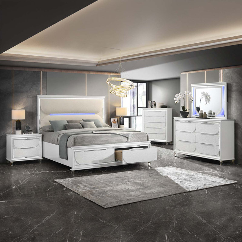 Très grand lit Tarian avec DEL et rangement, boucle blanche et finition blanc perle, Très grand