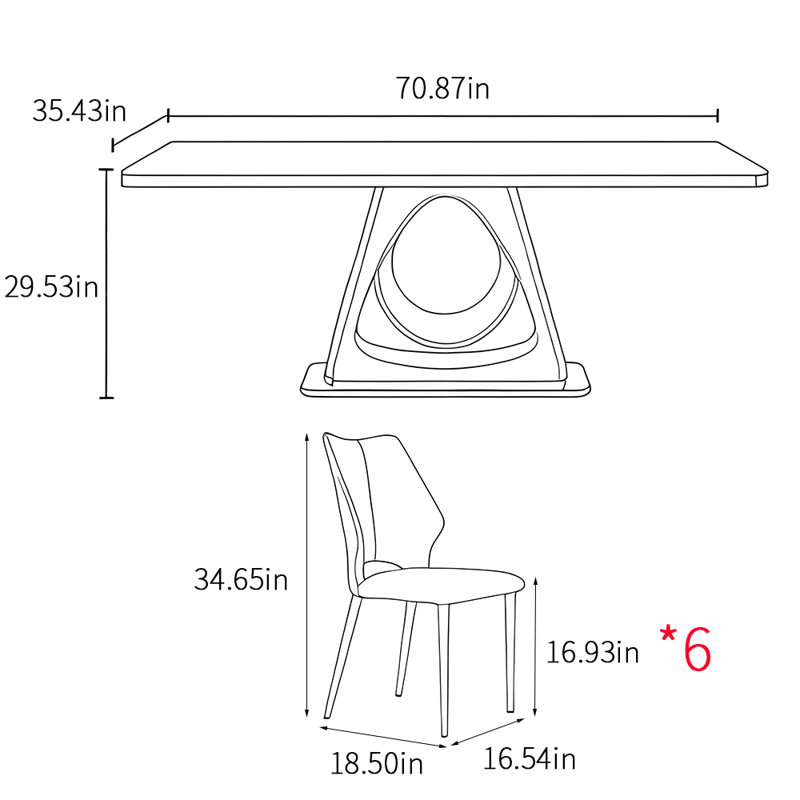 Ensemble de table de salle à manger rectangulaire simple de style italien, H 29,53 po x L 70,87 po x l 35,43 po
