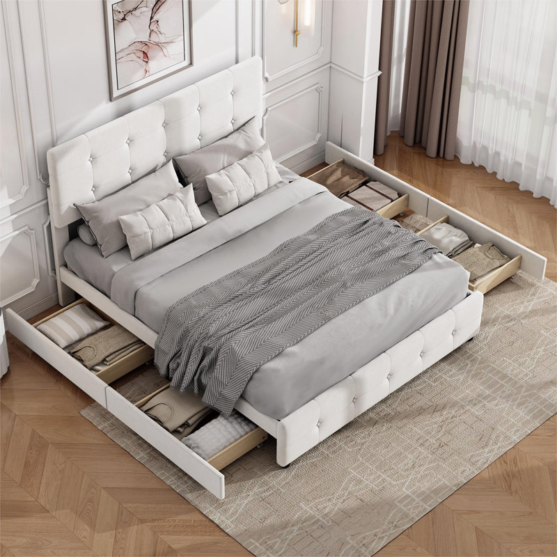 Rosendale Upholstered Velvet Drawers Bed, Beige