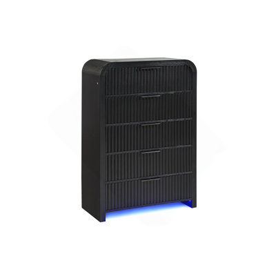 Dresser&Chest with black ribbed fronts and built-in lighting combines modern industrial style with space-saving bedroom storage