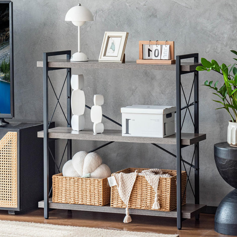 3 Tier Industrial Style Open Bookshelf with Metal Frame for Freestanding Placement, Grey