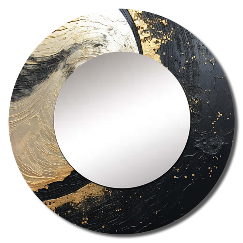 Black And Gold Abstract Meditation III - Abstract Painting Large Mirror, Beige Round Unique Wall Mirror Decor, Printed Metal Art
