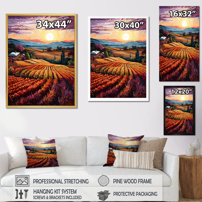 «Vineyard Sunset II», reproduction sur toile, Cadre flottant noir, 44" H x 34" W