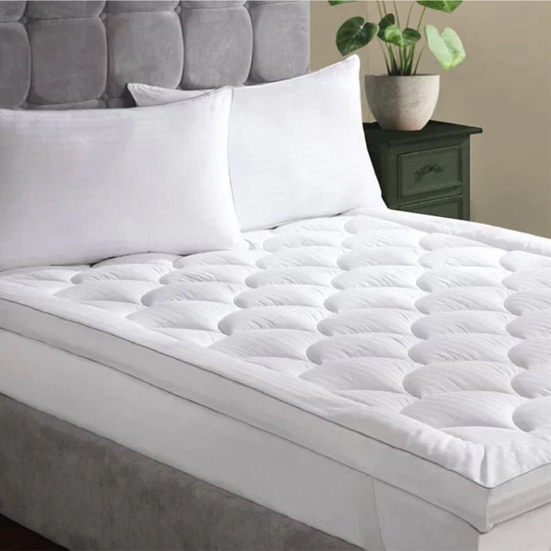 2" Satin Stripe Microfibre Mattress Topper - Soft Plush Fill, Silver Piped Edge, Elastic Straps - Bed, Super King (6')