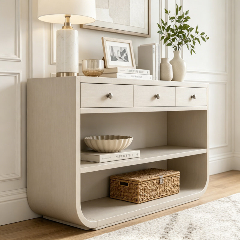Console moderne avec 3 tiroirs à fermeture en douceur et 2 tablettes ouvertes, White
