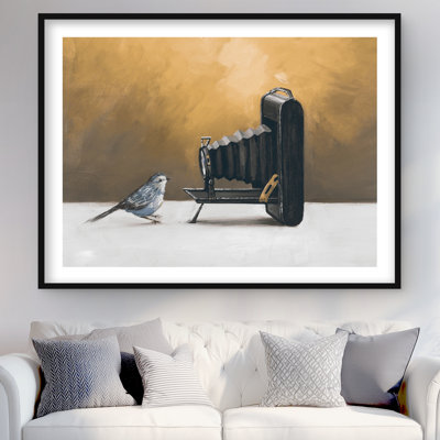 Old Camera with Bird - Framed Matted Print for Home Decor