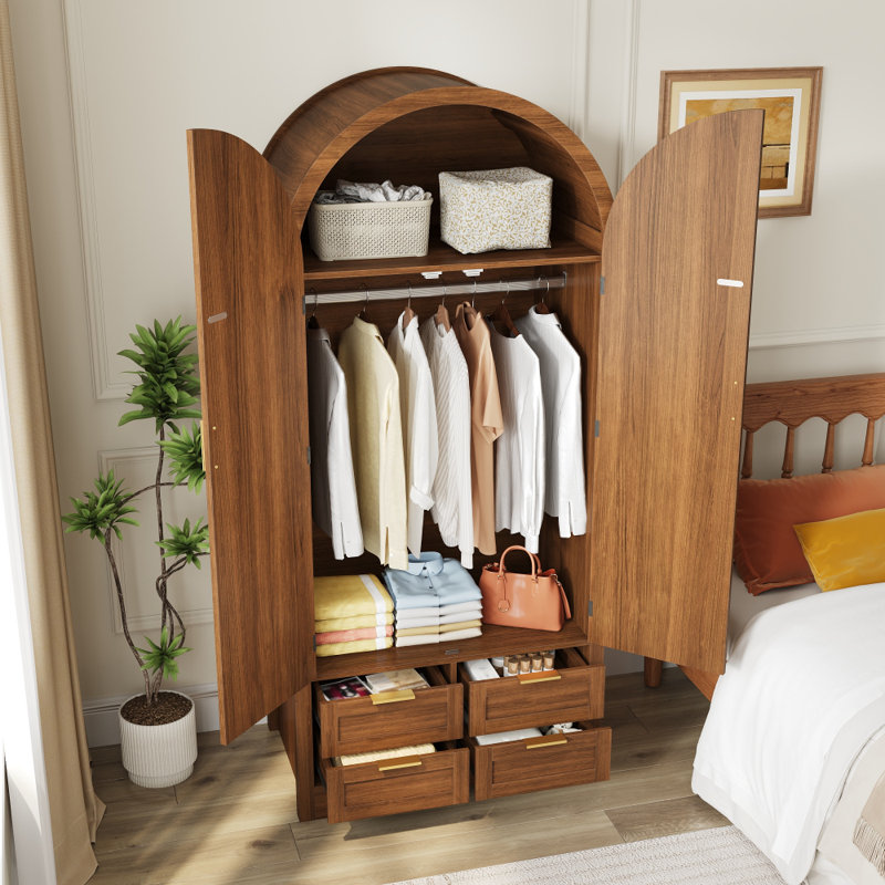 Modern Wardrobe with Curved Doors, Hanging Rail and Drawers for Bedrooms and Entryways