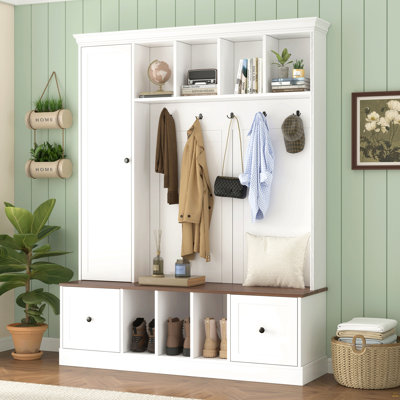 Arbre d'entrée 62,2 po avec banc de rangement pour chaussures, porte-manteau d'entrée avec 5 crochets, armoire réglable avec tiroirs pour le couloir, l'entrée et le salon