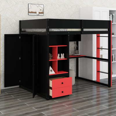 Cadre de lit mezzanine avec armoire et bureau, bande DEL contrôlable par application intelligente, ports de chargement USB pratiques
