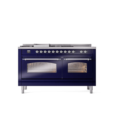 ILVE Nostalgie II Series 60 inch Dual Fuel Range with 5 Sealed Burners, Griddle, Frenchtop (Glass Door)