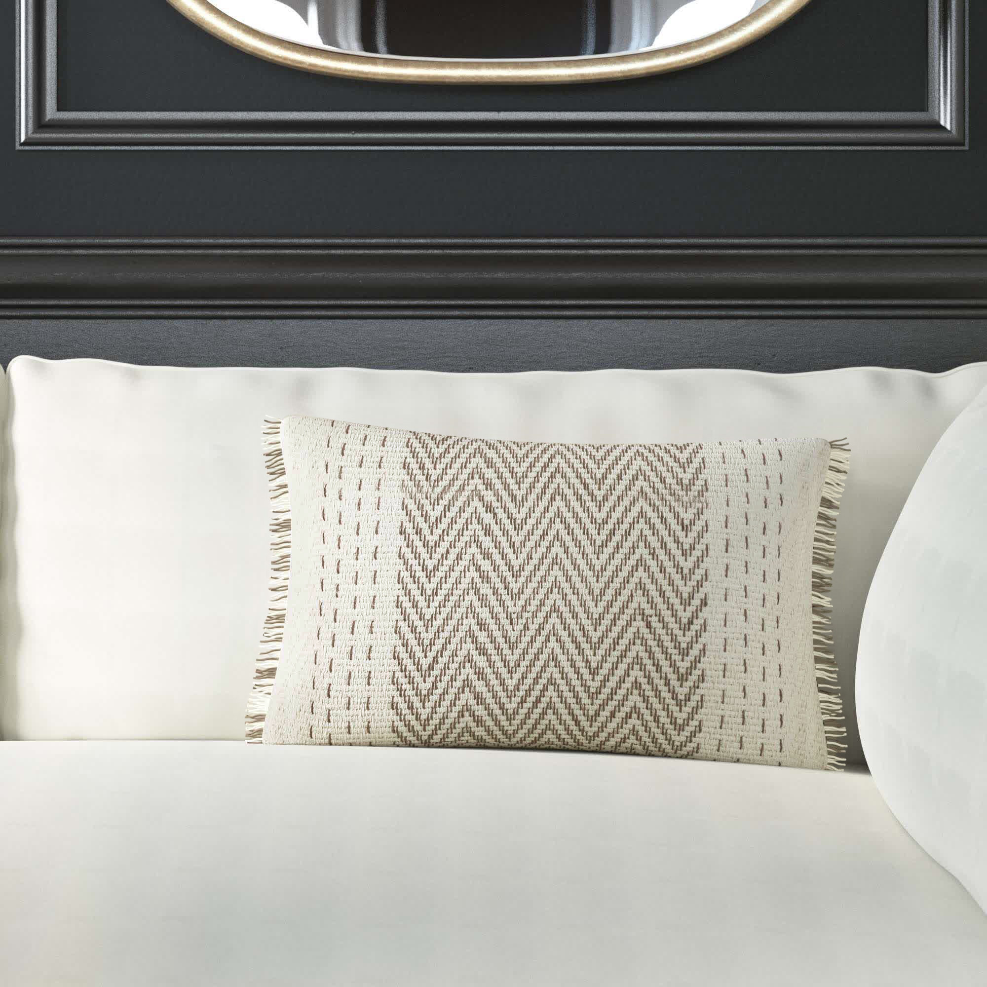 Carey Fringed Cotton Lumbar Throw Pillow, Feathers, Gray/Ivory