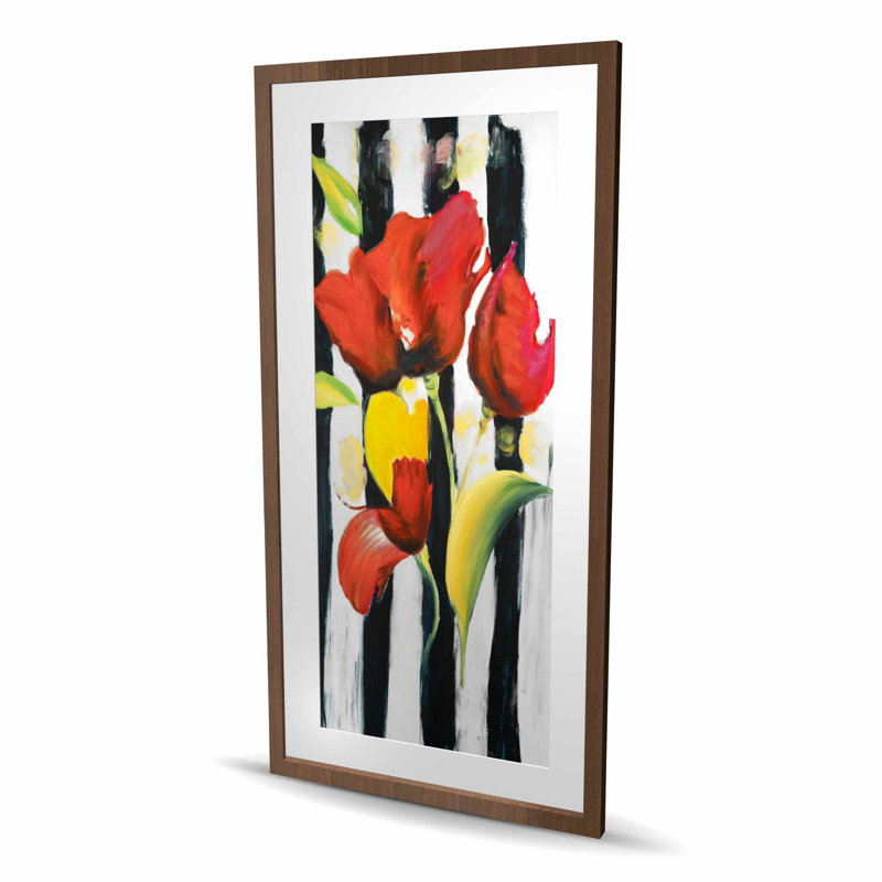 Fleurs rouges sur rayures | Reproduction contemporaine encadrée pour la maison, Brun, H 48 po x l 24 po