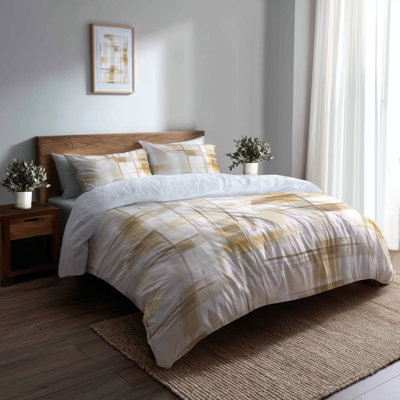 Ensemble de literie Country Farmhouse, ensemble de 3 - Housse de couette et coussin décoratif à carreaux neutre brun