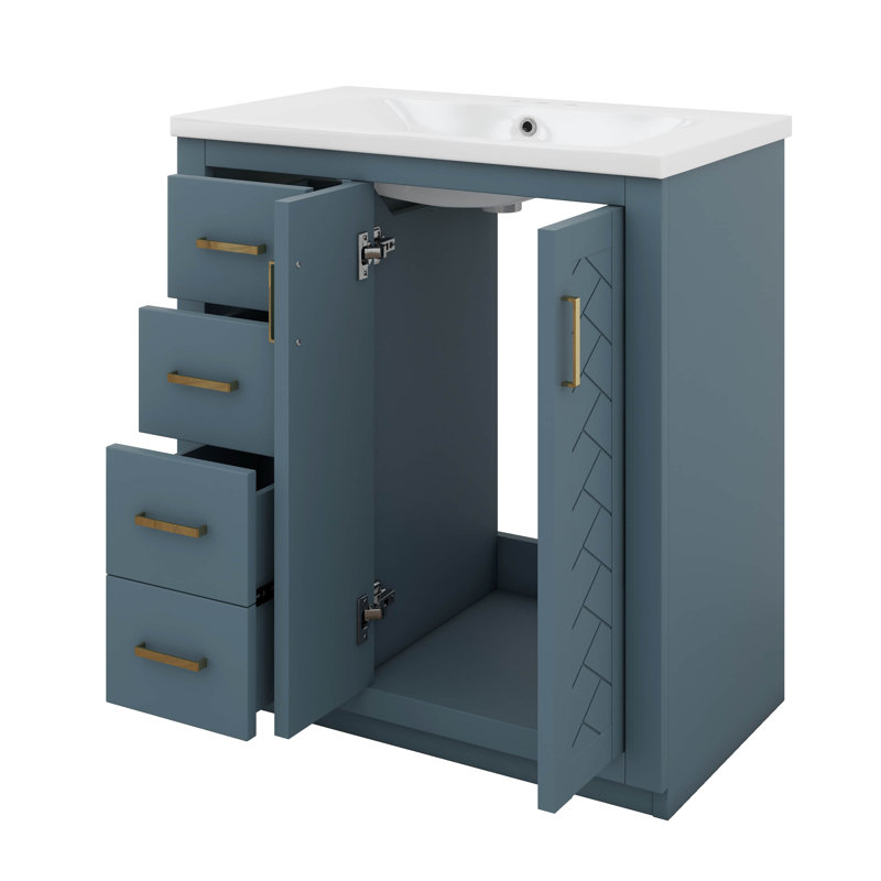 30 Inch Bathroom Vanity With Ceramic Sink, 3 Drawers And 2 Doors, Freestanding Bathroom Vanities, Soft Closing, Solid Wood Frame