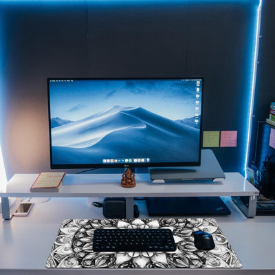 Grand tapis de souris de jeu pour bureau, tapis de bureau mandala noir et blanc, tapis de bureau floral mandala, 80 x 40 cm, grand tapis de souris/clavier étendu avec base antidérapante et bords cousus