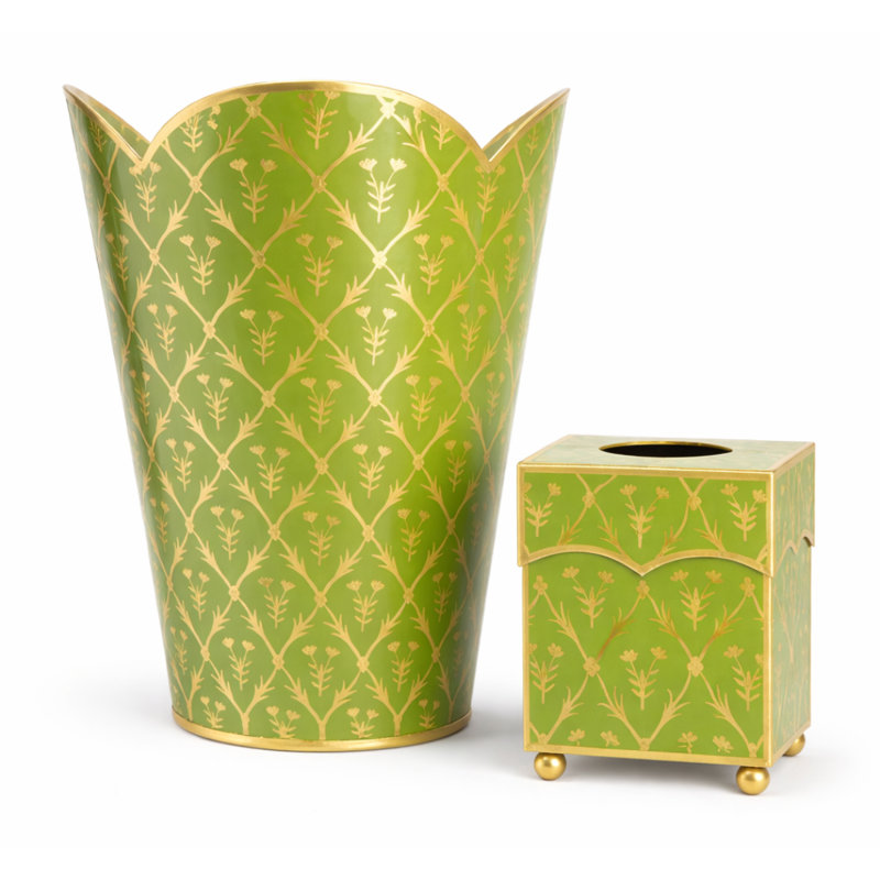 Moss Green & Gold Tulip Wastepaper Basket & Tissue Set