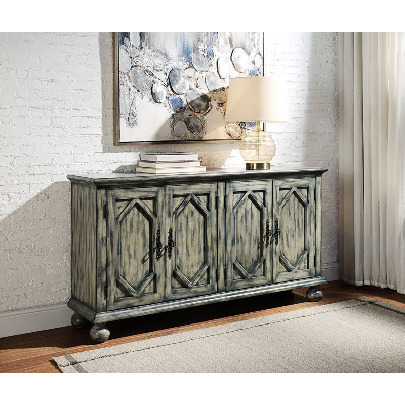 Rustic Gray 60'' Rectangular Console Table with Patterned Doors