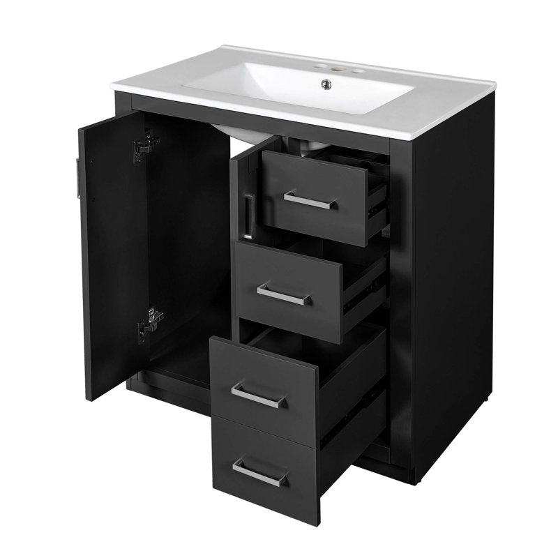 Ensemble de meuble-lavabo 30 po avec lavabo en céramique, armoire de rangement en bois massif, ensemble de meuble-lavabo autoportant avec 3 tiroirs et portes à fermeture douce