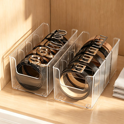 2-Pack Acrylic Belt Organizer for Closet & Drawer, Clear Belt Holder Display with 8 Detachable Compartments, Adjustable Storage Box for Belts, Ties, Bows, Wallets, and Jewelry